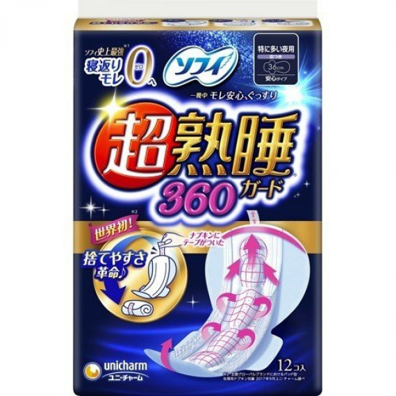 (激安6折後低至$26) Unicharm Sofy 超熟睡 超薄特長多量 夜用 有翼衛生巾 360 36cm 12枚 日本製 U D