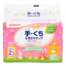 (低至$21) 手口用 70片x2包 Pigeon 貝親 嬰兒濕紙巾 (補充裝) U