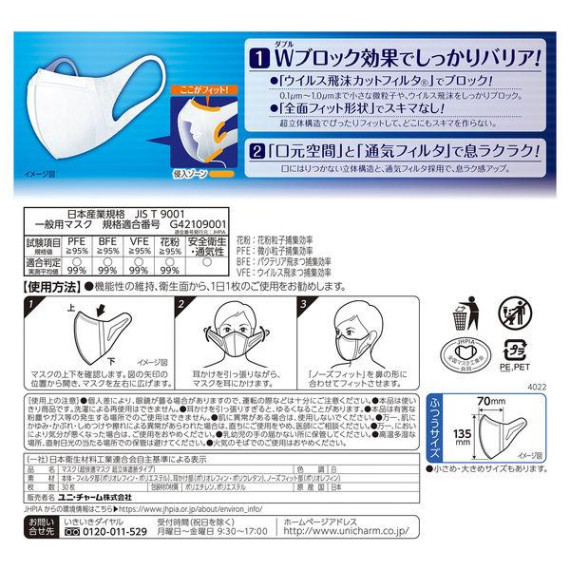 (低至5折) 日本製 30枚 Unicharm (適合男性) 超立體 透氣成人口罩 高效 (VFE, PFE > 99%)  (日本直送) KZU