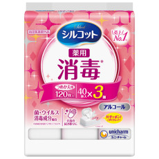(低至6折後$30) 日本製 Unicharm Silcot 藥用消毒濕紙巾 40片x3包 (補充裝) KZ